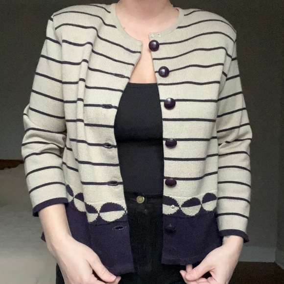 Vintage 80s 90s Classic Button Down Striped Art Deco Sweater Tan Navy Cardigan - Picture 1 of 12